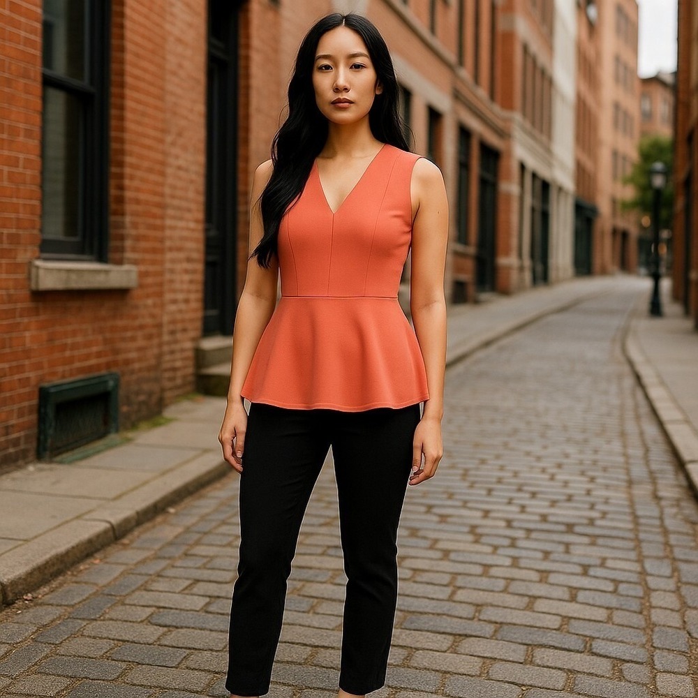 Worthington Blouse Women Small Peplum Coral V-Neck Office Career Top NEW